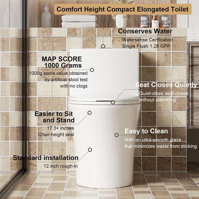 Elongated One Piece Toilet with ADA Comfort Height, Seat Chair Height 17.3" Modern Toilet for Bathroom, High Efficiency Dual Flush 1.1/1.6 GPF,  MAP 1000g, 12" Rough-In, Soft Closing Seat