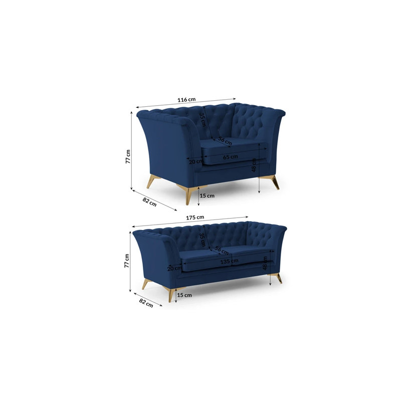 Whitby 2 - Piece Velvet Living Room Set, Gold, Navy Blue