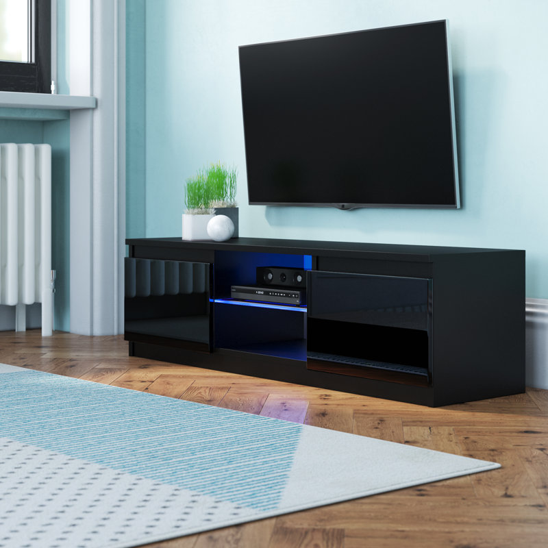 Amato TV Stand with Lights for TVs up to 65", Glossy Doors, Black