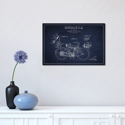J. Canfield Motorcycle Patent Sketch (Navy Blue) by Aged Pixel - Wrapped Canvas Print