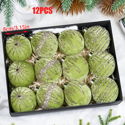 Ensemble de 12 boules de Noël incassables en velours de 3,15 pouces, ensemble de 12 boules de Noël avec motif peint à la main, guirlande d'arbre de Noël fête de Noël, vert avocat