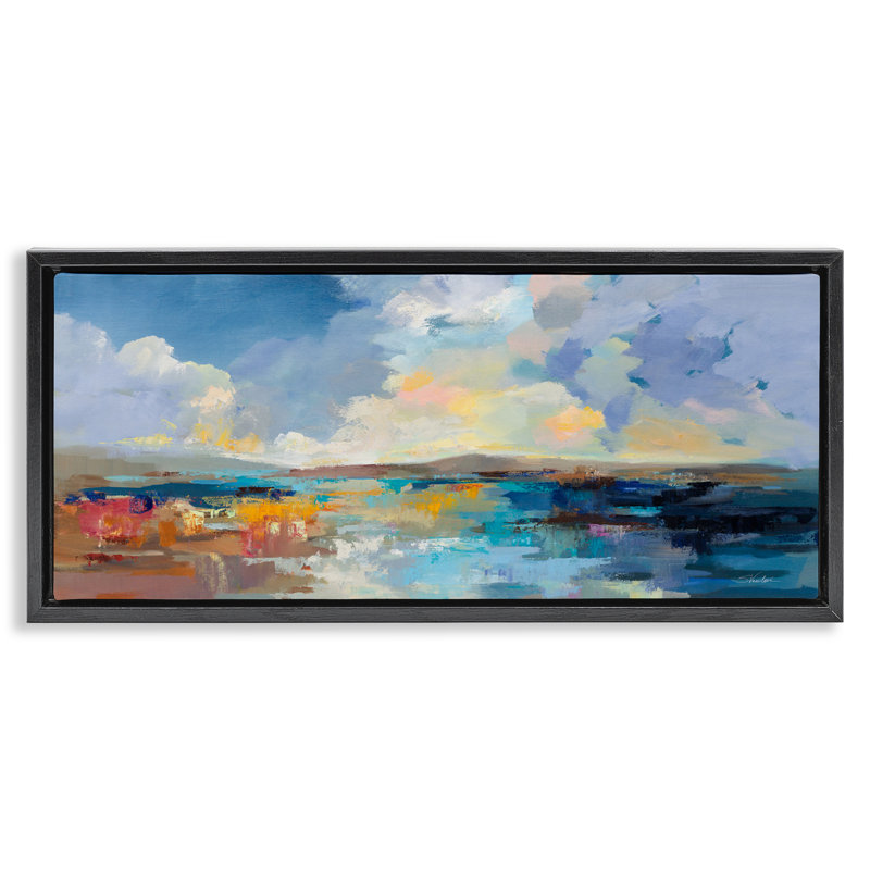 «Seaside Sunset», art mural encadré flottant abstrait par Silvia Vassileva, Cadre flottant noir de jais, H 11 po x l 25 po