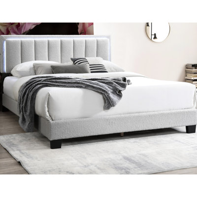 Contemporary Full Size Bed With Gray Wool Upholstery, Channel Tufting And Built-In Led Lights, Platform Setup Upholstered Headboard Structure