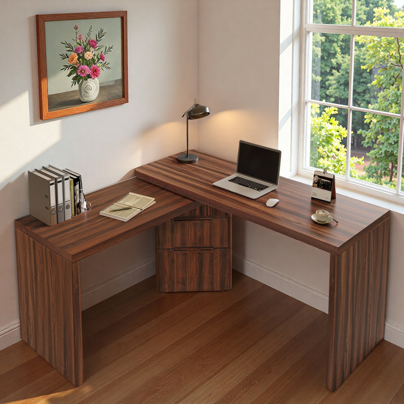 Bureau moderne en forme de L avec 3 tiroirs et bureau pivotant à 360 ° en bois