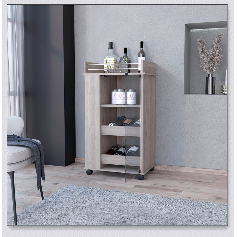 Chariot-bar avec porte en verre Willow Park, porte-bouteilles, roulettes pour faciliter le déplacement et rangement supplémentaire