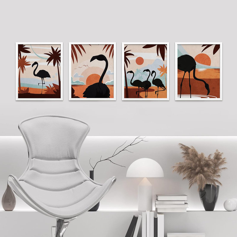 «Tropical Jungle Island Flamingo Birds», impression sur papier 4 pièces, H 10 po x l 8 po x P 1 po, Blanc