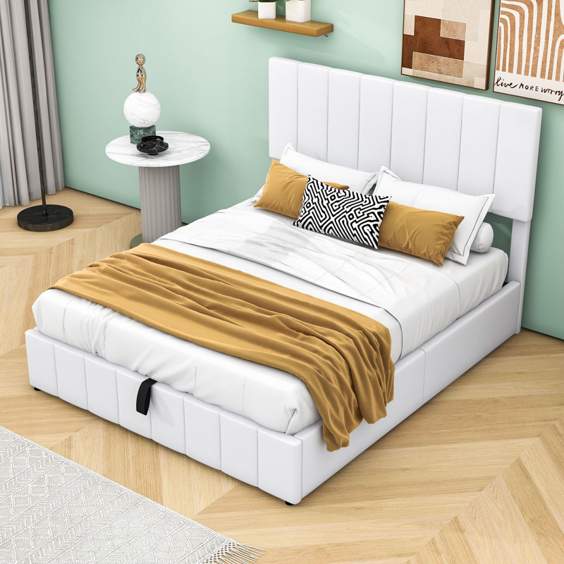 Lit plateforme tapissier avec rangement robuste Laurissa, Blanc, Grand lit
