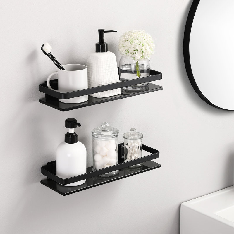 Paquet de 2 tablettes murales noires en verre trempé noir, tablettes flottantes en aluminium pour salle de bain
