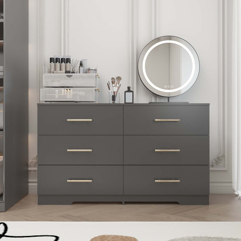 Grande commode 6 tiroirs de couleur noire avec poignée dorée, Noir
