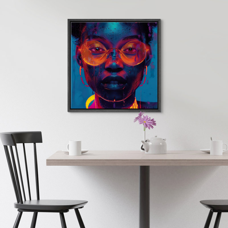 «Pop Urban Street Orange Blue», art afro-américain, impression sur toile encadrée, Cadre noir, H 24 po x l 24 po