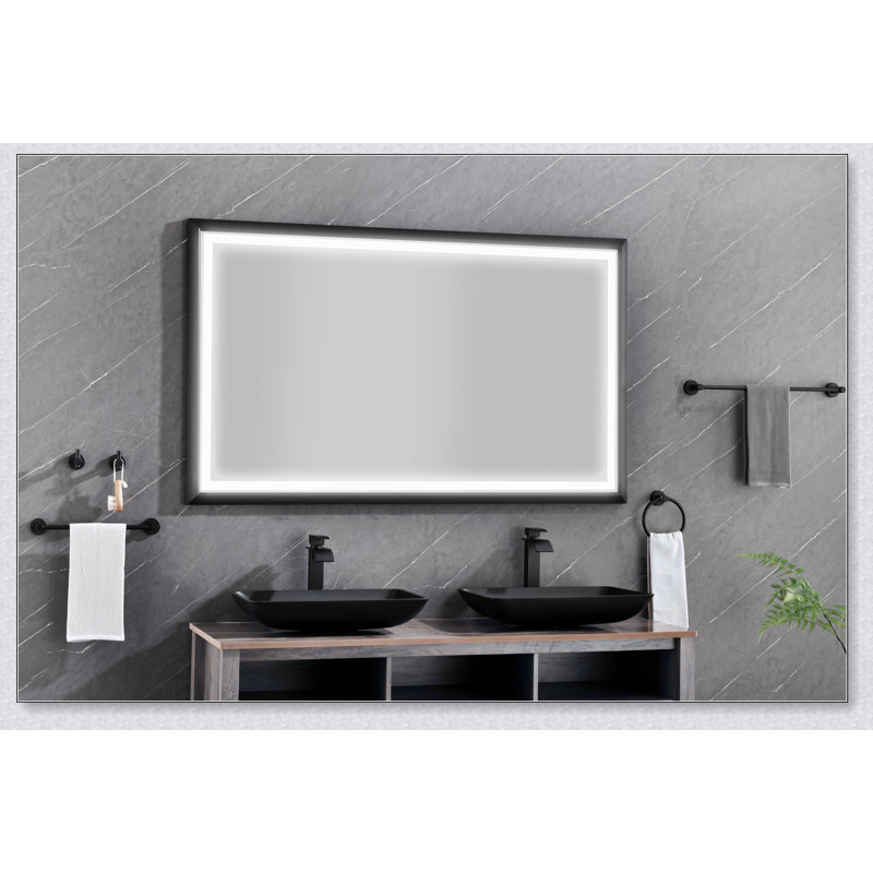 Miroir à DEL rectangulaire surdimensionné avec éclairage antibuée et à intensité variable pour salle de bain moderne, Noir