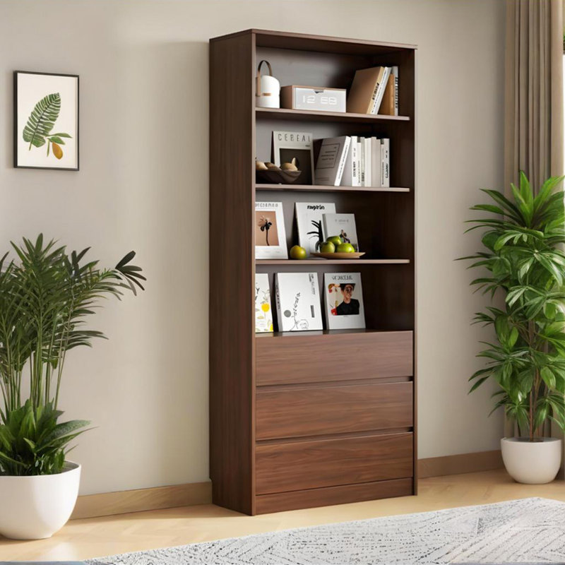 Bibliothèque sur pied en noyer de 78,74 po x l 32,68 po avec 3 tiroirs, tablette ouverte, de présentation et de rangement pour le salon et le bureau