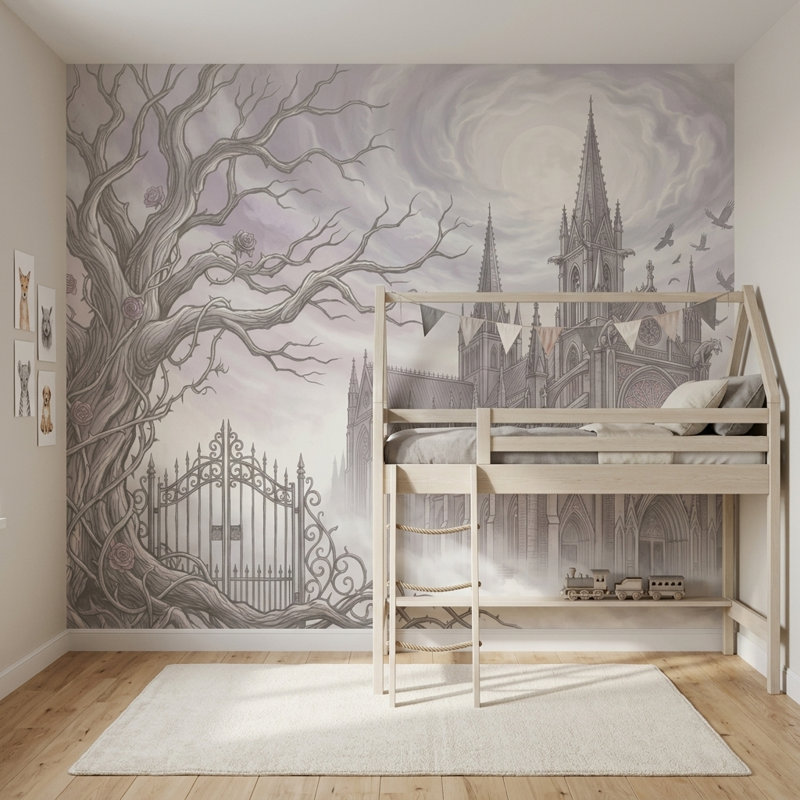 Papier peint cathédrale gothique brumeux, 100 po x 96 po, Texturé non collé