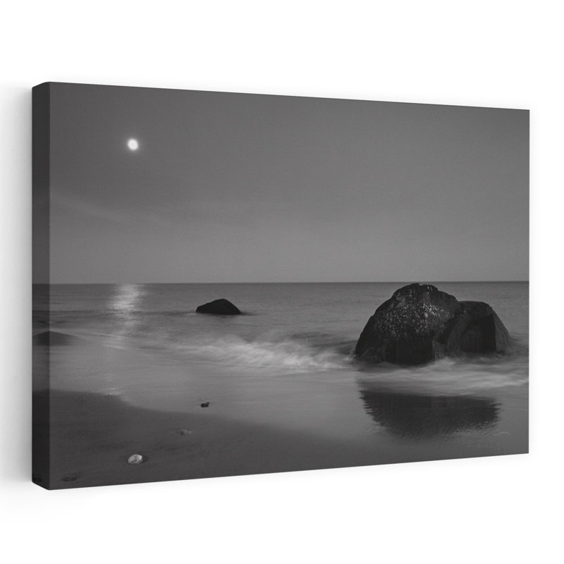 Été lune bord de mer noir et blanc plage blanche, H 24 po x l 16 po