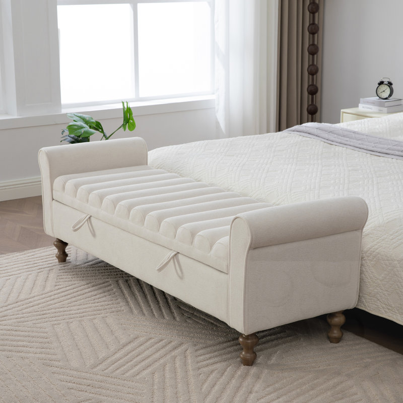 Upholstered Storage Bench With Rolled Armrest, Beige