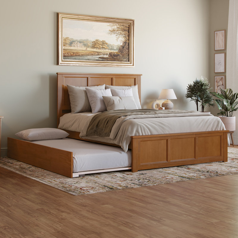Madison Solid Wood Platform Bed with Matching Footboard and Trundle, Queen, Light Toffee