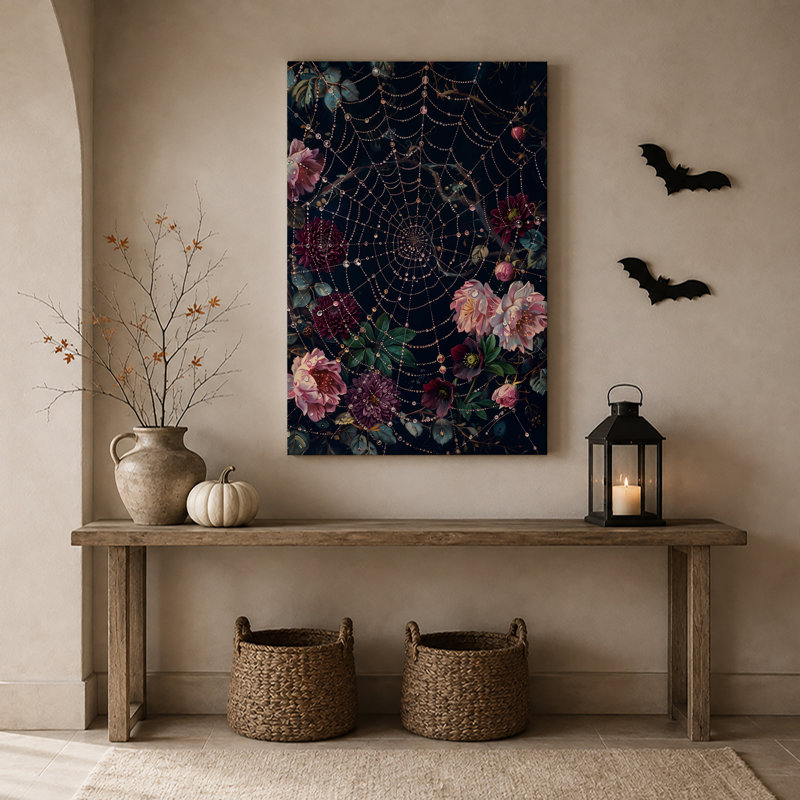 Art sur toile rose et mauve entouré de perles, H 18 po x l 12 po