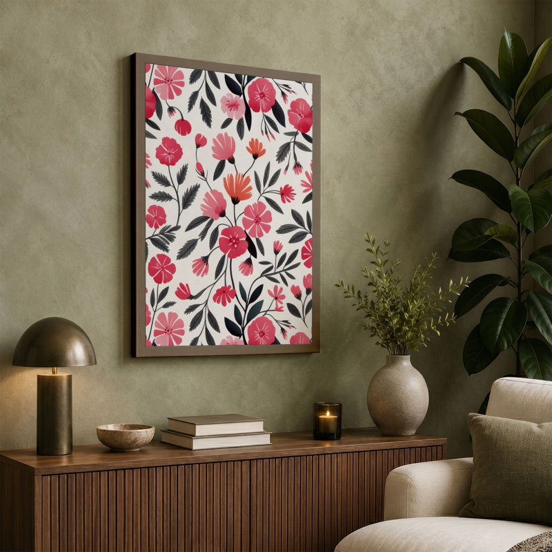 Pink Blooms Pattern Botanical - Wrapped Canvas, 18x12 - 45.7 x 30.5 cm, Sage Border