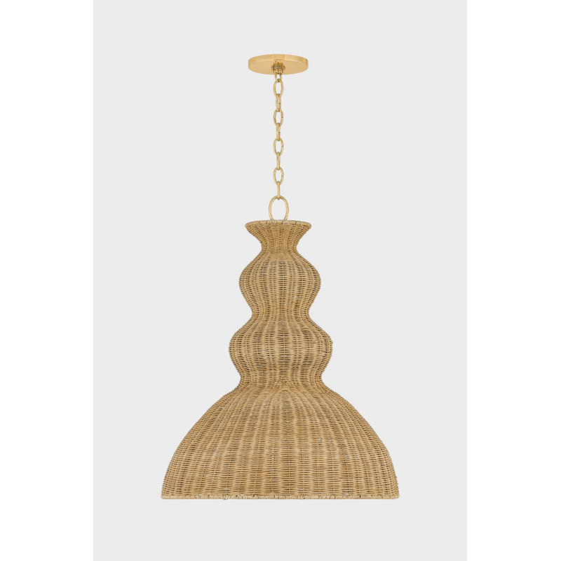 Aged Brass Indoor/Outdoor Pendant with Natural Wicker Shade