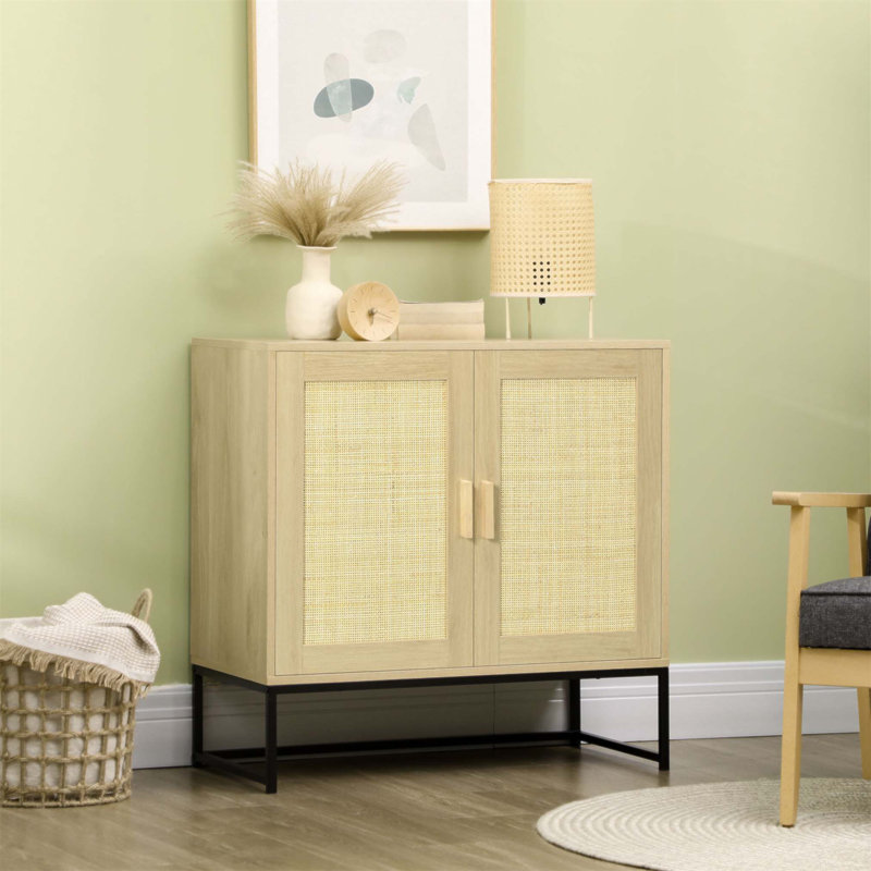 Armoire décorative Boho avec portes en rotin, tablette réglable et base en métal pour un rangement polyvalent dans le salon ou la cuisine
