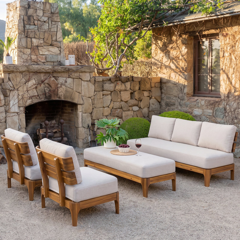 Ensemble de conversation d'extérieur en bois d'acacia Kaelin Mid-Century avec coussins épais pour patio, balcon et jardin