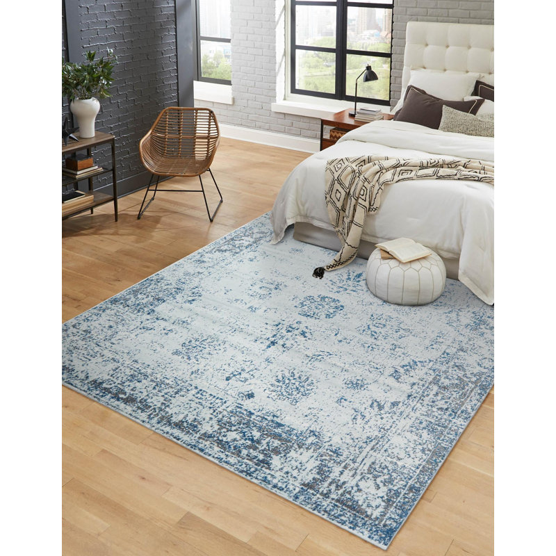 Tapis Brandt, Non, Bleu clair / Bleu marine, Carré 8 pi