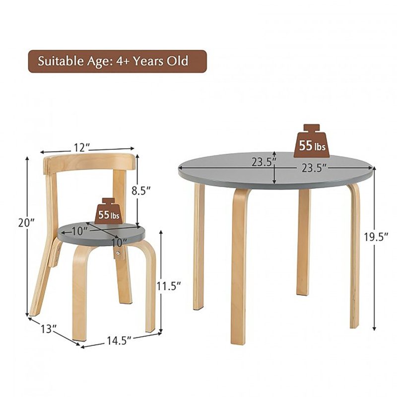 Usrey Kids 5 Piece Solid Wood Play Or Activity Table and Chair Set, Gray/Natural
