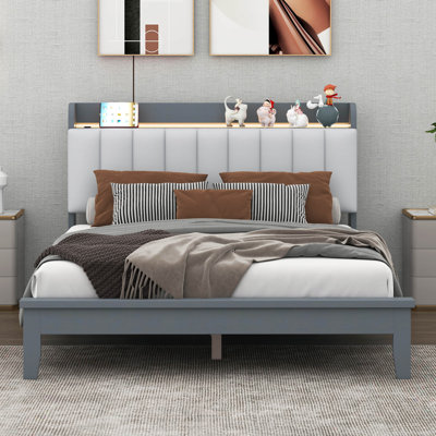 Reube Queen size Upholstered Platform Bed with USB Charging Station and Storage Headboard, LED Bed -  Winston Porter, 068F954B96764683BB2C5BEEDC351134