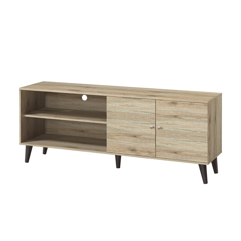 Oak Tv Stand With Storage, For 70 - 79" Tvs, 2 Shelves & 1 Cabinet, Entertainment Centre Cabinet In Oak, Suits 70-79" Modern