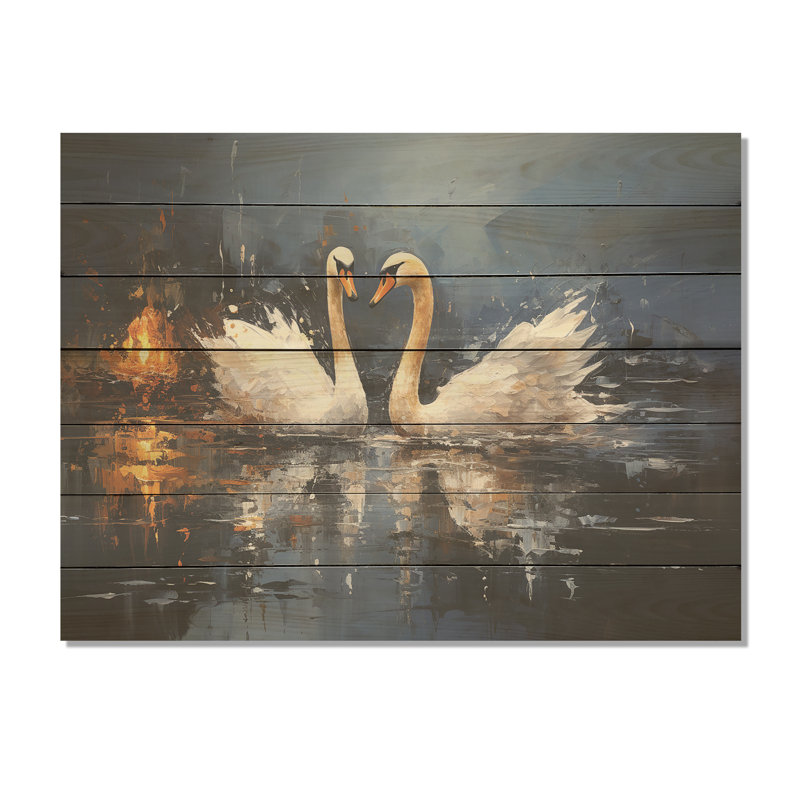 White Swans Harmony Moonlight Pond I - imprimé cygnes sur bois, H 34 po x l 44 po x P 0,78 po