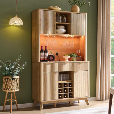 72"H Bar Cabinet with LED Lights, Wine Rack, and Cabinets
