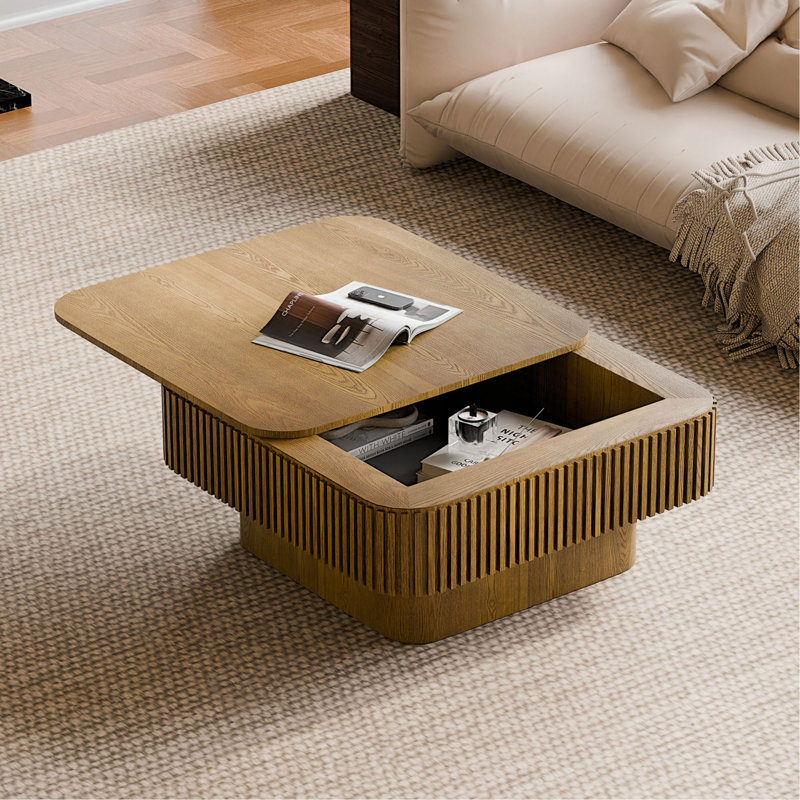 Table basse 31,5 po carrée avec rangement Table d'appoint moderne en placage de bois massif pour salon, chambre à coucher, appartement ou bureau