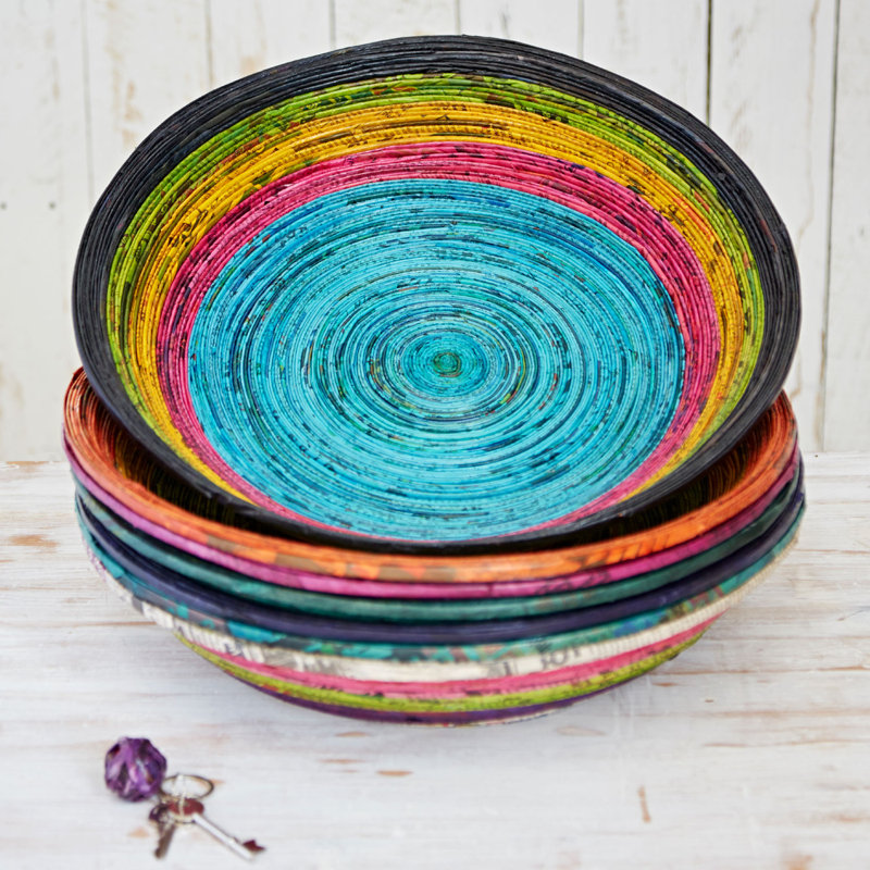Handmade Paper Decorative Bowl 1, 14cm H x 28cm W x 28cm D, Navy/Green/Yellow/Pink/Blue