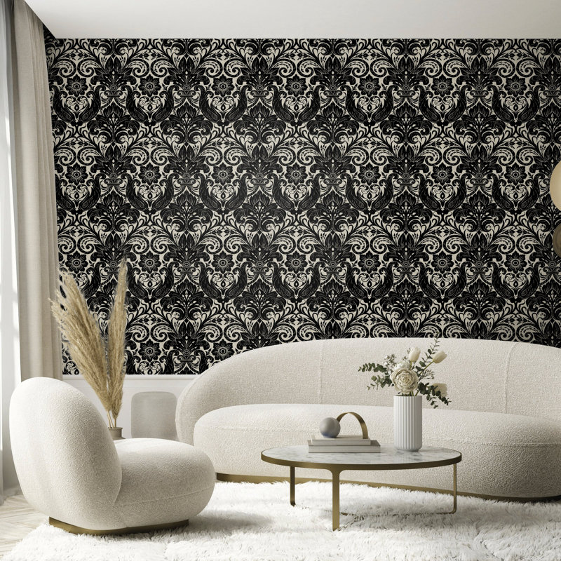 Llewelyn-Bowen - Off The Wall Damask Fabric Wallpaper Roll, Black