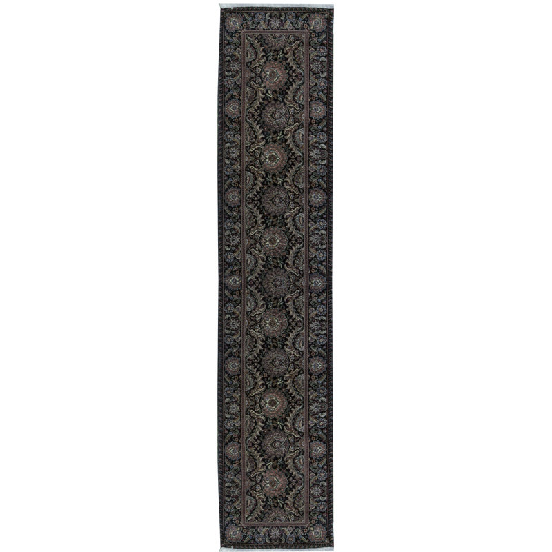 Tapis noir de haute qualité noué à la main, Tapis de couloir 2 pi 6 po x 12 pi