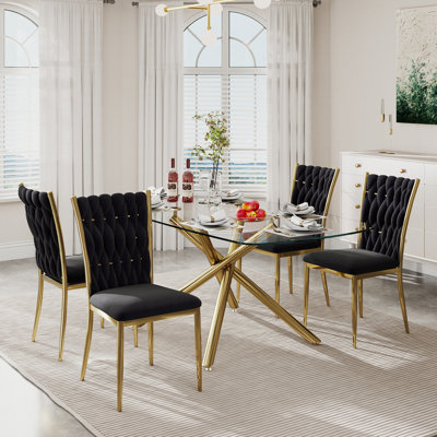 71 Inch Modern Luxury Rectangular Dining Table Set, Tempered Glass Top With Metal Base, Velvet Upholstered Chairs With Gold Metal Legs, 6/7/9 Piece Ki