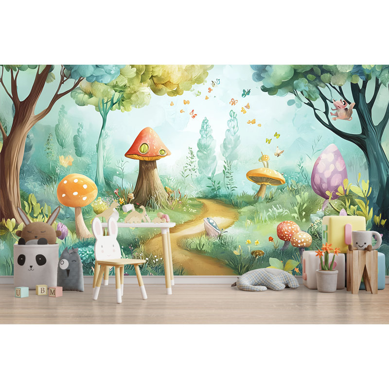 Papier peint Magical Forest Path avec des champignons, des arbres et des papillons, une peinture murale enchantée pour enfants dans la forêt