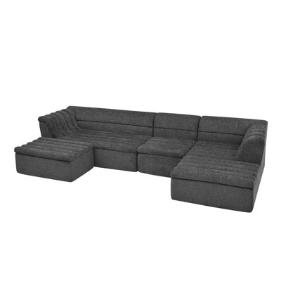 135" U-Shaped Modular Sectional Sofa With Chaise And Movable Ottoman For Living Room, Chenille Upholstered Boneless Couches With Wave-Shaped Armrest, No Pillows Included