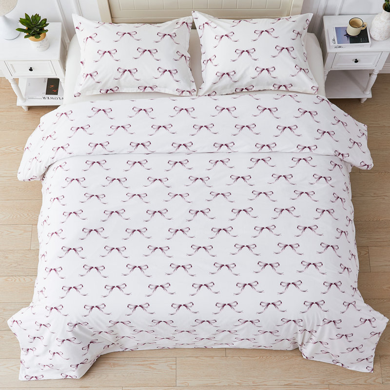 Gentle Ribbons Percale Cotton Duvet Set, Queen Duvet Cover + 2 Standard Shams, Pink