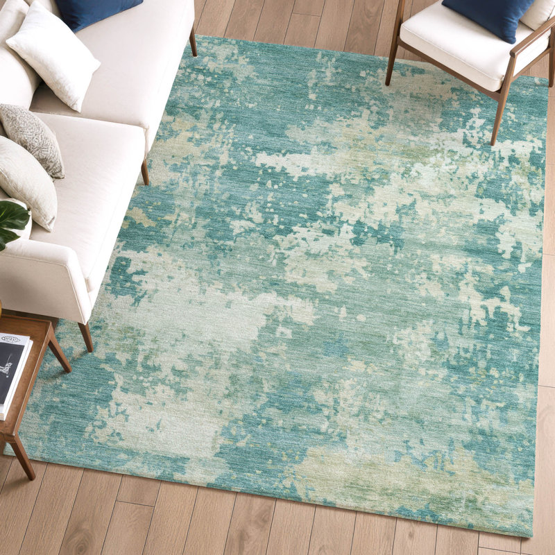Premium Machine Washable Mayfield AMF2142 abstract Rug, Teal, 3' x 5'
