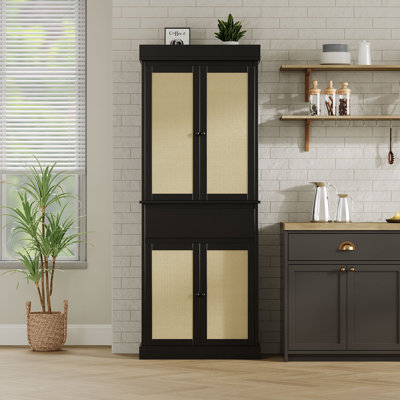 Armoire de 69 po de hauteur avec portes en rotin, armoire de cuisine mince pour espaces étroits, tablettes de rangement en bois noir