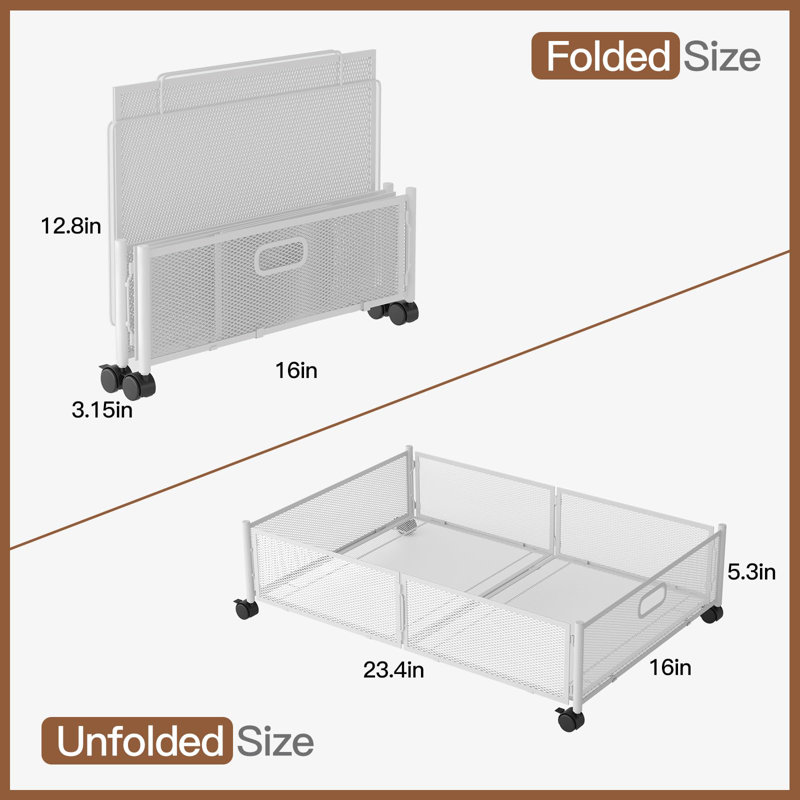 Under Bed Storage Bins with Wheels, Foldable Metal Mesh Clothes Drawer Organizer, 2 Pack, (White), White