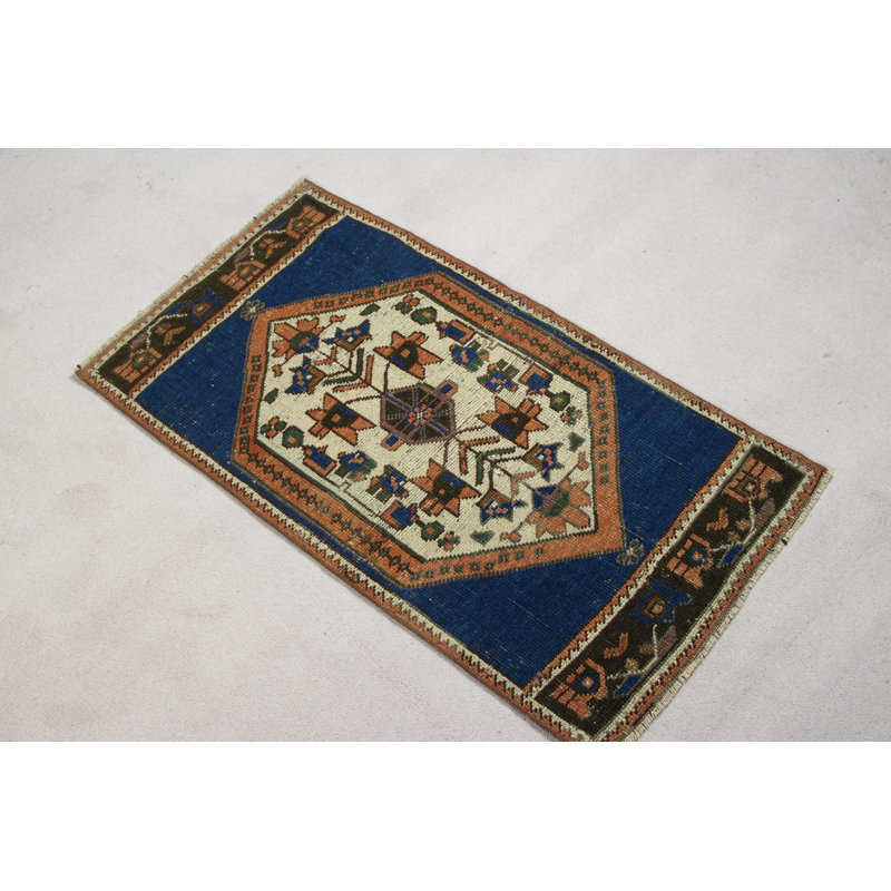 Blue Vintage Turkish Small Rugs Ideal For Outdoor And Indoor Use Featuring Retro Boho Wool Tribal Design Perfect For Door Mat And Home Decor