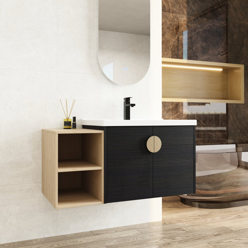 Meuble-lavabo de salle de bain avec lavabo 40 po, portes à fermeture en douceur, châtaignier noir, meuble-lavabo mural à fixation murale, finition châtaignier
