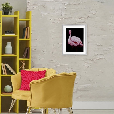Contrasting Flamingo on Black Framed Print Under Glass, design by James Corwin