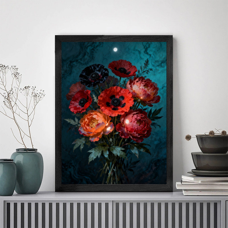 Art mural noir, nature morte et floral gothique, impression de cadre fantaisiste foncé rétro, H 17 po x l 13 po