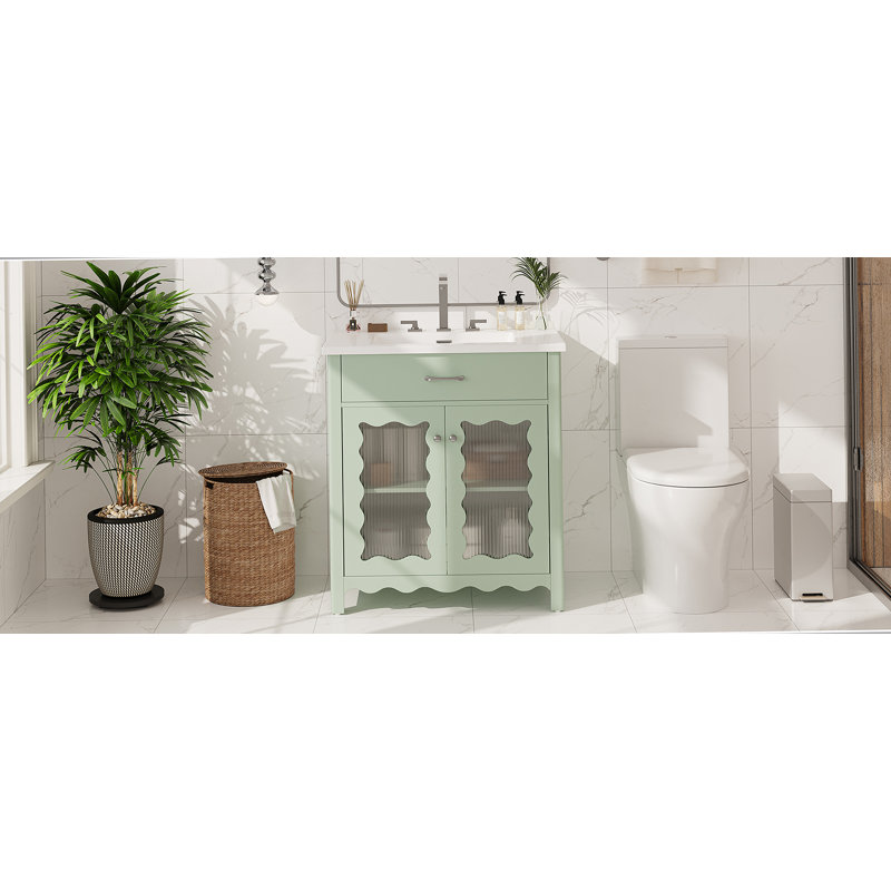 Meuble-lavabo 31 po avec verre trempé, vert, Vert