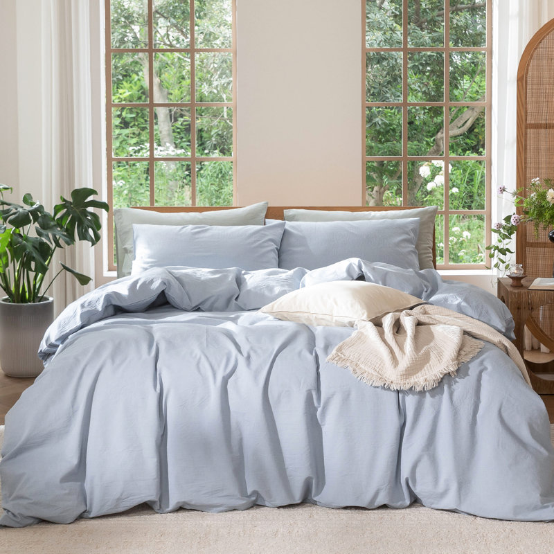 MooMee Lightweight Duvet Cover Set with Zipper Closure 8 Ties 100% Washed Cotton Linen Like Textured Soft Breathable All-Season