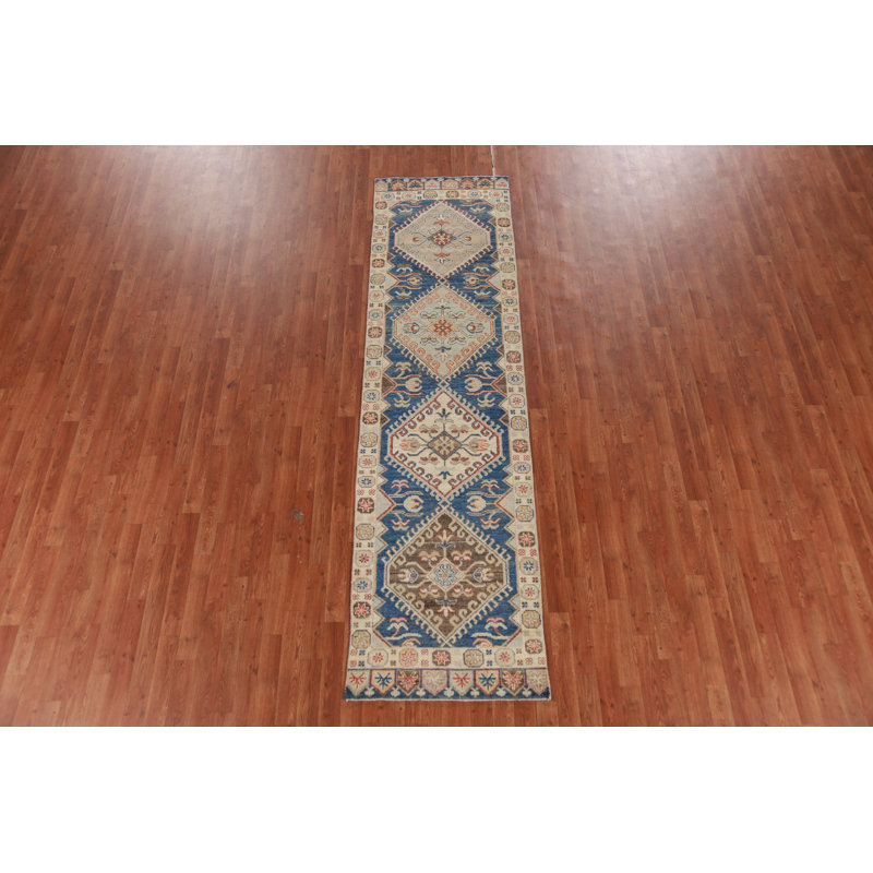 Tapis de couloir bleu à motif géométrique Oushak
