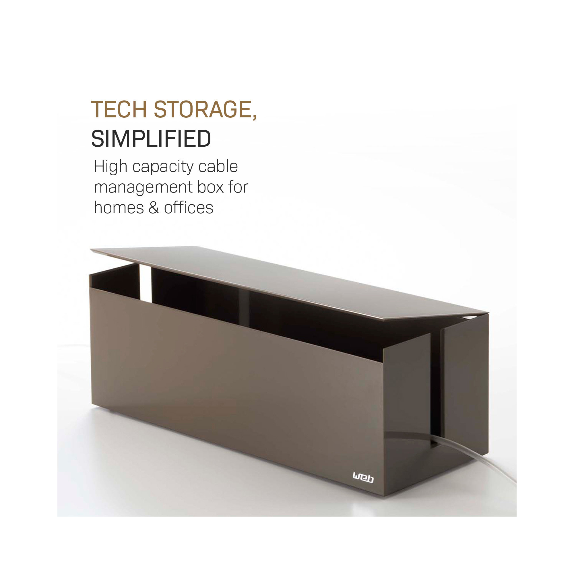 Yamazaki Home Cable Management Box – Cord Organizer Box with Lid, Minimalist Cable Storage for Office, ABS Plastic, Gray